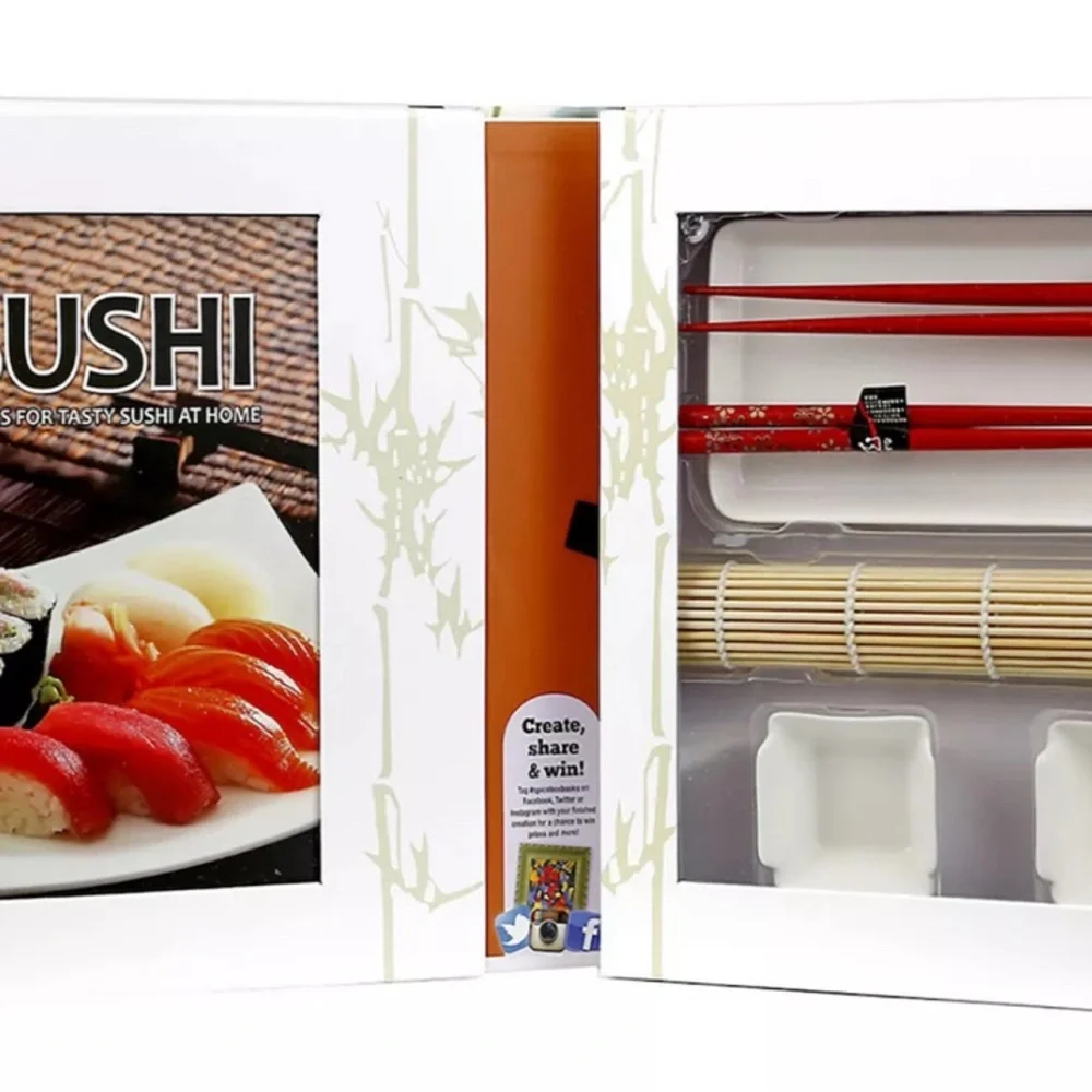 Intro To Sushi Kit Recipe Book, Serving Set, Chopsticks, Bamboo Roller NIB